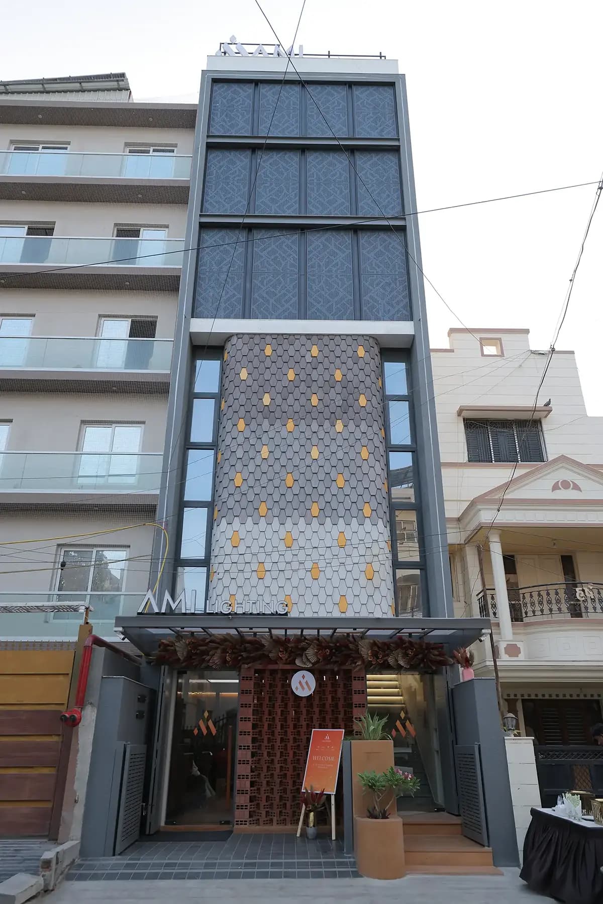 Full facade of the AMI Lighting studio in Rajkot